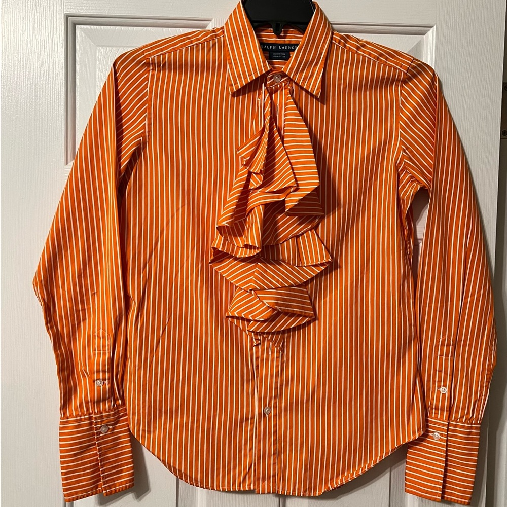 Ralph Lauren button up long sleeve blouse with ruffles. Size 10